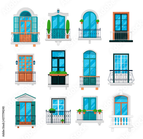 Balcony design collection. Vintage, modern, classic decorative forged balcony. Railing window vector set. Building facade wall architecture exterior design illustration. Apartment construction element