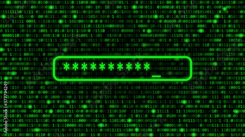 Green binary code background with hidden asterisk password.	
