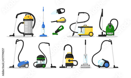 Vacuum cleaner. Electrical vacuum cleaner hoover different type. Home appliance cleaning equipment vector illustration. Classic, wireless, compact domestic machine icon set isolated