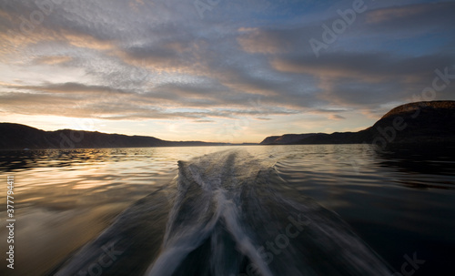 Boat Wake at Sunset  Disko Bay  Greenland