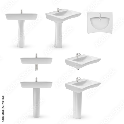 Washbasin vector template. Realistic white ceramic wash sink for bathroom vector. Different design interior item with different angle view. Pedestal, modern, classic washbasin isolated set