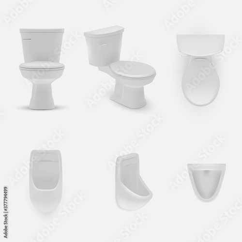 Realistic toilet. Mounted and standing model. Bathroom or WC lavatory design template interior. Realistic white ceramic clean hygiene, sanitary toilet bowl item mockup vector illustration