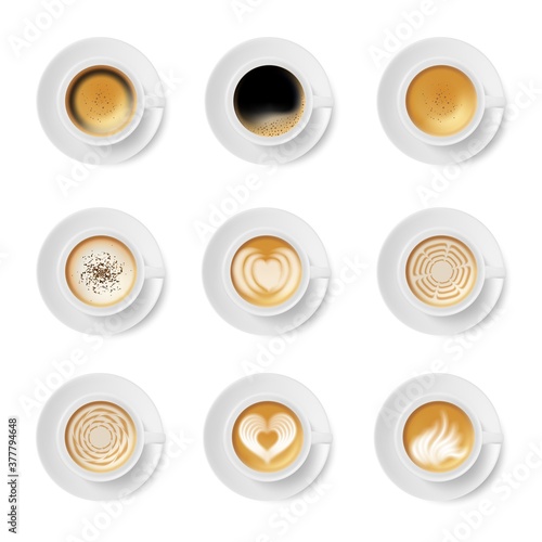 Coffee cup top view. Black coffee, cappuccino, americano, latte, espresso, macchiato, mocha with various drawing illustration. Realistic vector icon set isolated on white. Vector coffee cup on saucer