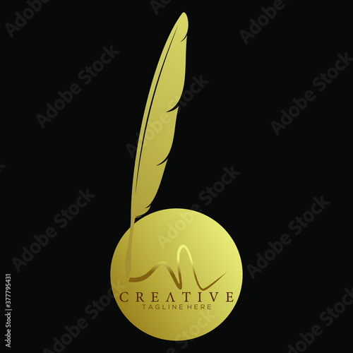 feather pen logo gold with circle gold vector design template