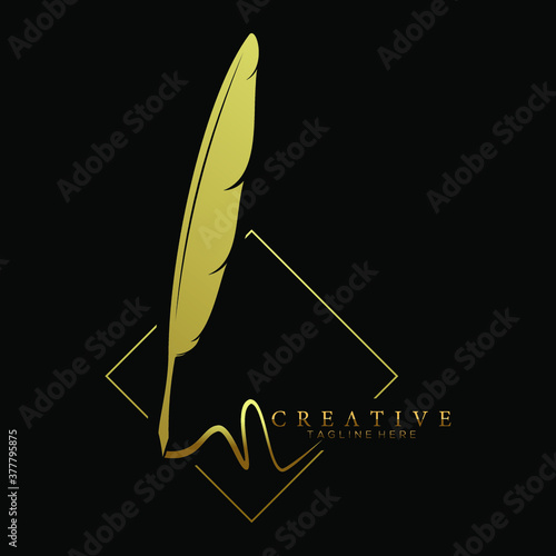 feather pen logo gold with square line vector design template