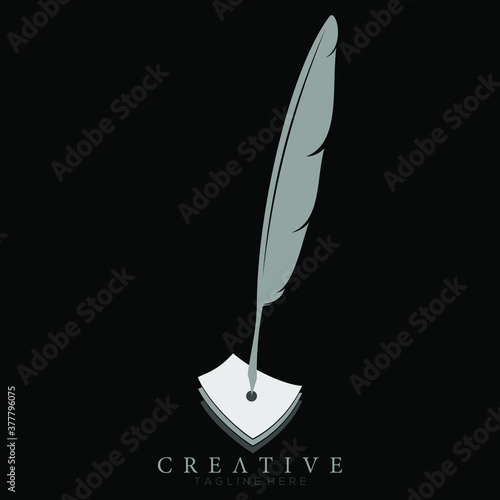 feather pen logo white with 3 sheets of paper vector design template