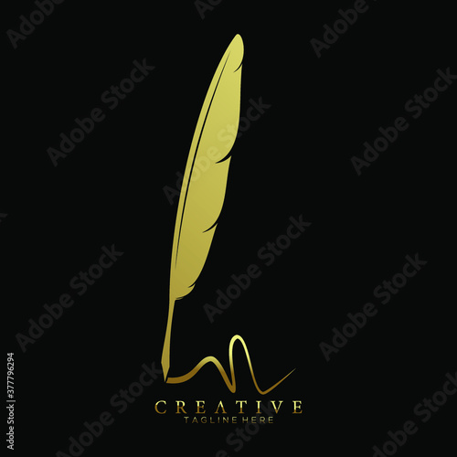 feather pen logo gold vector design template