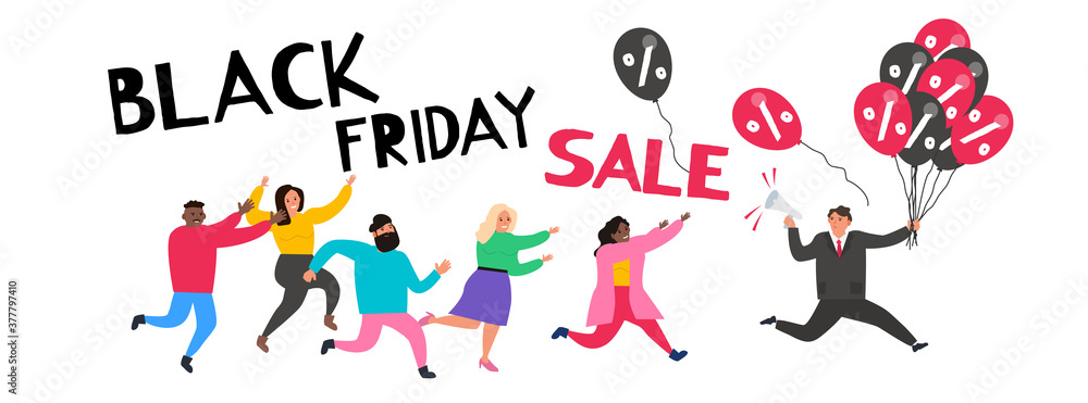 black friday sale running shopping people and salesman with baloons vector illustration