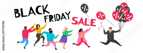 black friday sale running shopping people and salesman with baloons vector illustration