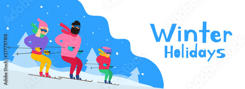 happy family man  woman and kid skiing downhill winter holidays vector illustration