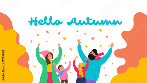 hello autumn happy family play with falling leaves vector illustration