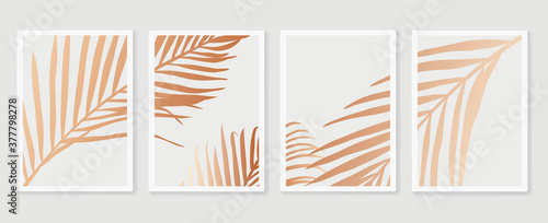 Luxury copper gold cover design template. Tropical line arts hand draw gold exotic flower and leaves. Design for packaging design, social media post, cover, banner, Wall arts. Vector illustration.