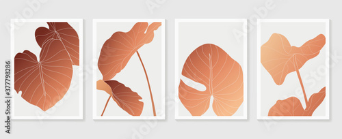 Luxury copper gold cover design template. Tropical line arts hand draw gold exotic flower and leaves. Design for packaging design, social media post, cover, banner, Wall arts. Vector illustration.