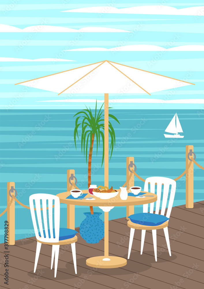 Breakfast in cafe with sea view. Wooden pier with rope fence. Summer holiday. Vector illustration.