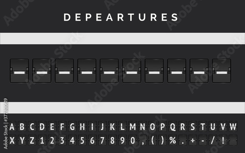 Flight departure banner in airport runway markup style with vector Flip font