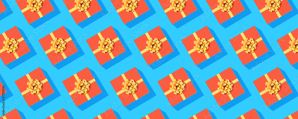 Pattern from gift boxes. Orange present boxes on blue background. Complementary color scheme. Vector 3d illustration Pattern from gift boxes. Orange present boxes on blue background. Complementary color scheme. Vector 3d illustration