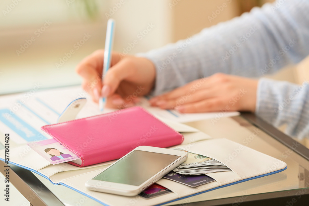 Woman with travel organizer at table Woman with travel organizer at table