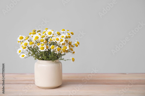 Wallpaper Mural Bouquet of fresh chamomile flowers in vase on table against grey background Torontodigital.ca