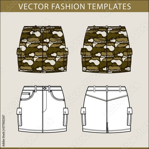 Mini skirt of army fashion flat sketch template . skirt front and back view.