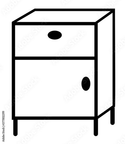 Icon of a nightstand with a drawer, furniture in black and white. Vector image isolated on a white background