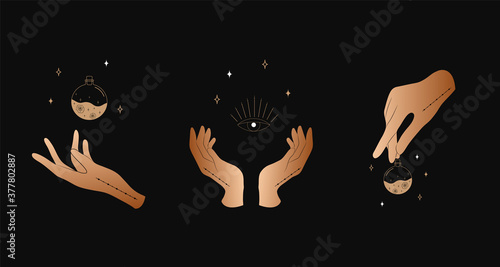 Set of female hands. Witch magic and occult collection. Different vector hand gestures with sword, stars and crystal. Abstract logo for tarot cards, logo, tattoo, spiritual poster.