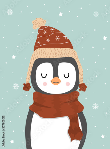 Cute winter smiling white penguin with snowflakes. Cartoon zoo. Vector illustration. Animal for the design of children products in scandinavian style.