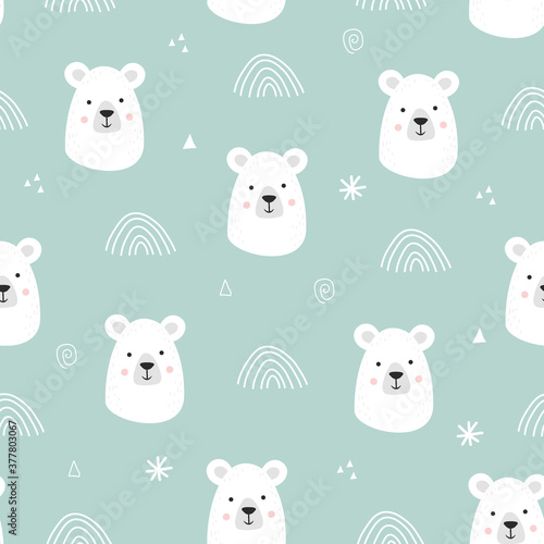 Fototapeta Naklejka Na Ścianę i Meble -  Seamless pattern with cute hand drawn smiling white bear. Cartoon zoo. Vector illustration. Animal for the design of children products in scandinavian style.