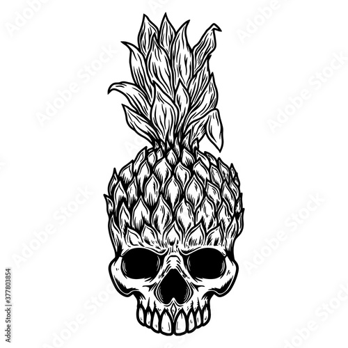 Illustration of Pineapple skull. Design element for poster, card, banner, t shirt, logo. Vector illustration