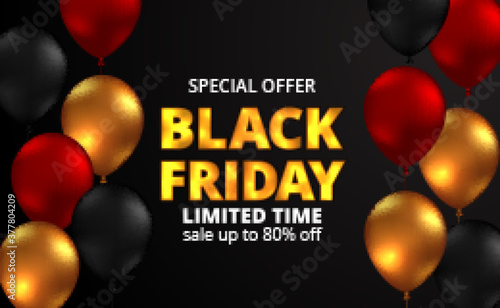 black friday sale offer discount with 3d black, red, and golden flying helium balloon