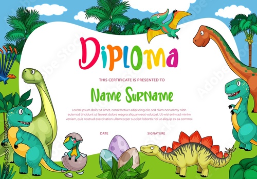 Kids diploma with cartoon dinosaurs, cute vector dragons, funny baby dino characters in eggs. School, kindergarten certificate with prehistoric Jurassic period animals tyrannosaurus rex, pterodactyl