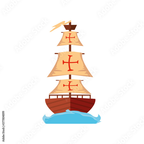 sailing ship floating on the sea waves, caravel santa maria, columbus day