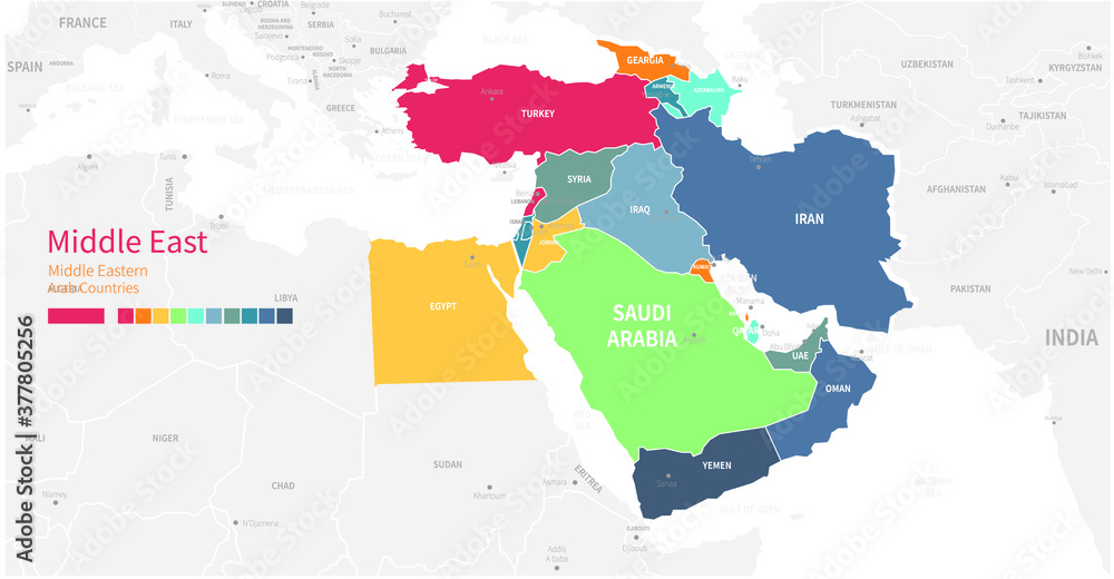 Colorful detailed vector map of the Middle East, Arab country. Stock