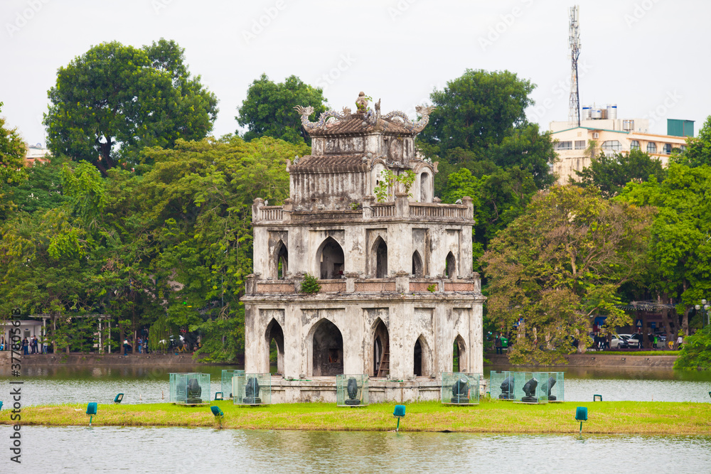 Fototapeta premium The Turtle Tower (Thap Rua) on Hoan Kiem Lake (Sword Lake) Hanoi, Vietnam