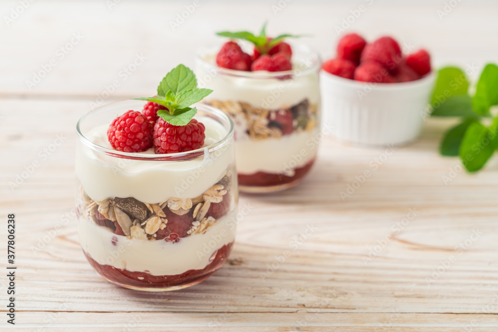 fresh raspberry and yogurt with granola fresh raspberry and yogurt with granola