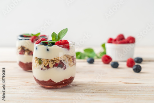 homemade raspberry and blueberry with yogurt and granola
