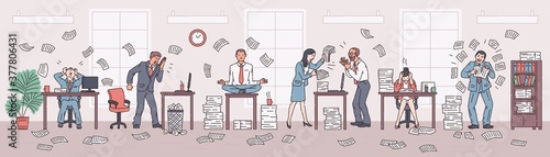 Office chaos rush scene with stressed company employees vector illustration.