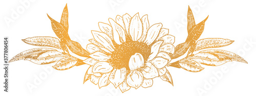 Vector ornament, a vignette of a sunflower and some branches, a design element for hot stamping, hand-drawn in ink
