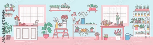 Florist shop with counter and flowers sketch cartoon vector illustration.