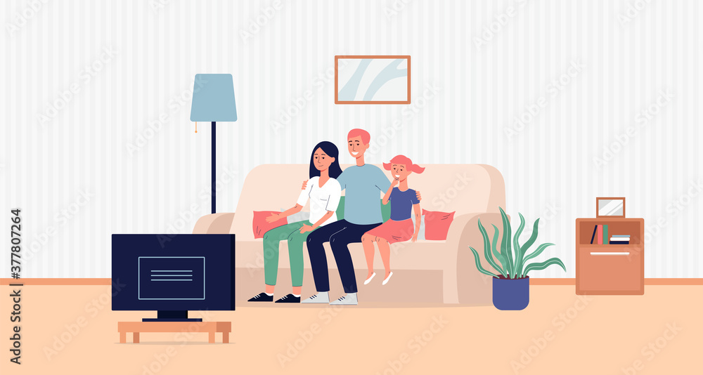 Family watching TV together at living room background flat vector illustration. Family watching TV together at living room background flat vector illustration.