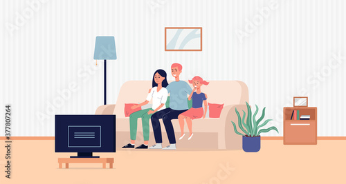 Family watching TV together at living room background flat vector illustration.