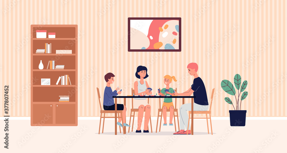 Family together in living room playing board game, flat vector illustration.