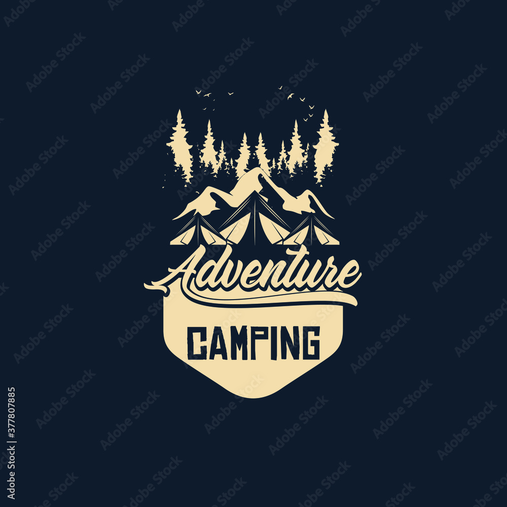 camping and outdoor adventure emblems, logos and badges. Camp tent in forest or mountains. Camping equipment. Vector.