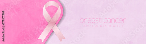 Breast cancer awareness month. Grunge pink background and ribbon tape. Women healthcare abstract vector banner