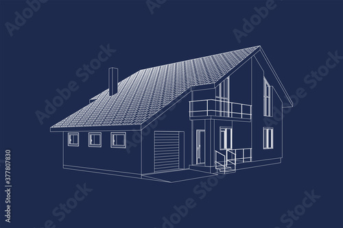3D linear architectural sketch detached suburban house. Vector blueprint.