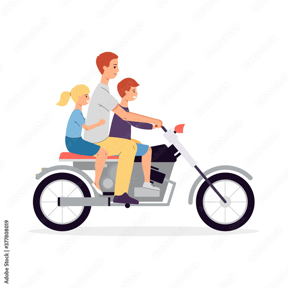 Father with children riding a motorcycle flat vector illustration isolated. Father with children riding a motorcycle flat vector illustration isolated.