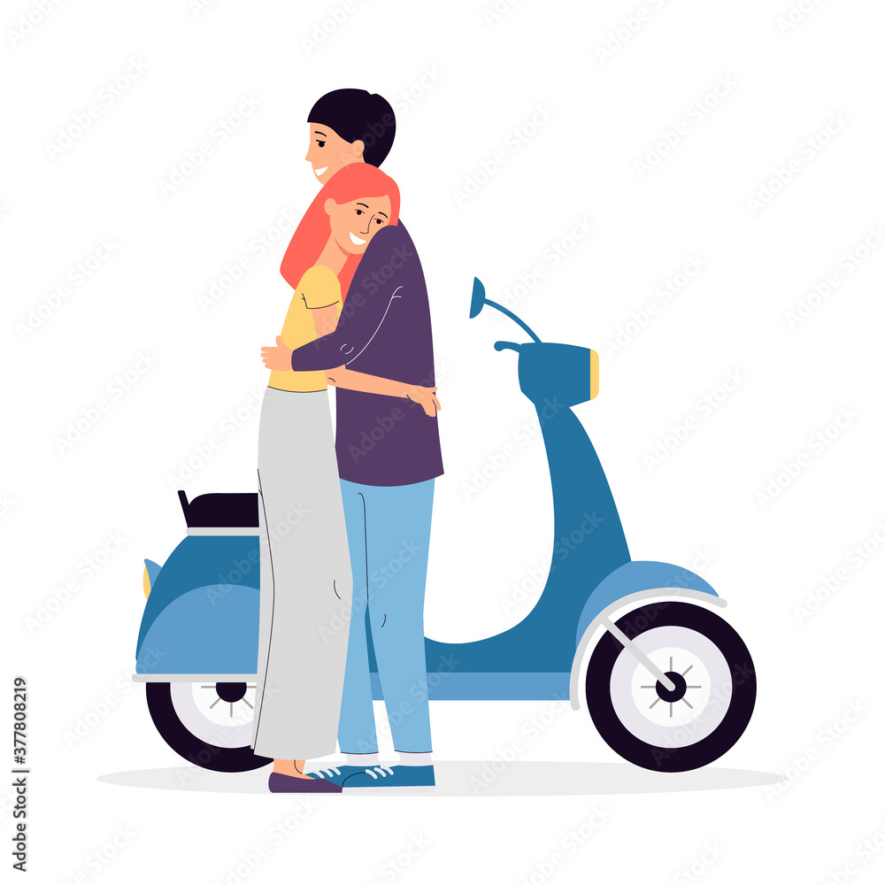 Woman and man in love hugging near motorcycle flat vector illustration isolated. Woman and man in love hugging near motorcycle flat vector illustration isolated.