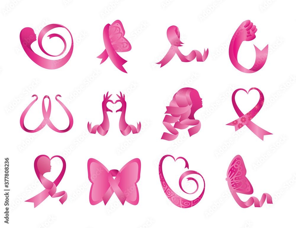 set of pink ribbons, badges, breast cancer awareness on white background set of pink ribbons, badges, breast cancer awareness on white background