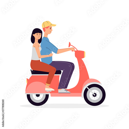 Man and woman riding motorcycle flat vector illustration isolated on white. © sabelskaya