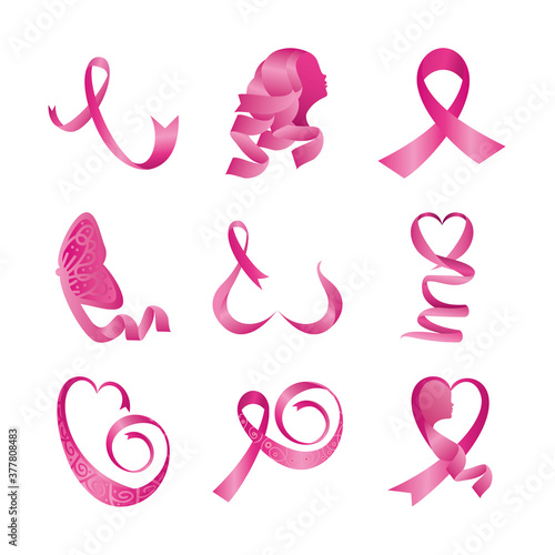 set of pink ribbons, badges, breast cancer awareness