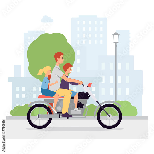 Father and children riding motorcycle together - cartoon parent with two kids